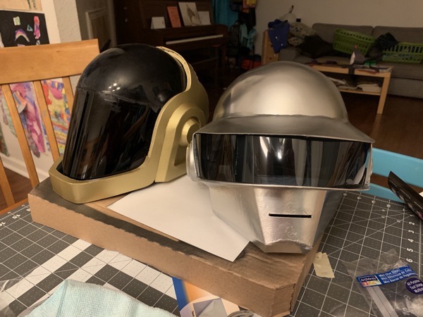 The finished helmets on display