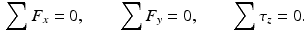 $$\begin{aligned} \sum F_{x}=0,\qquad \sum F_{y}=0,\qquad \sum \tau _{z}=0. \end{aligned}$$