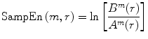 
$$ \mathrm{ SampEn}\left( m, r\right)= \ln \left[\frac{B^m(r)}{A^m(r)}\right] $$

