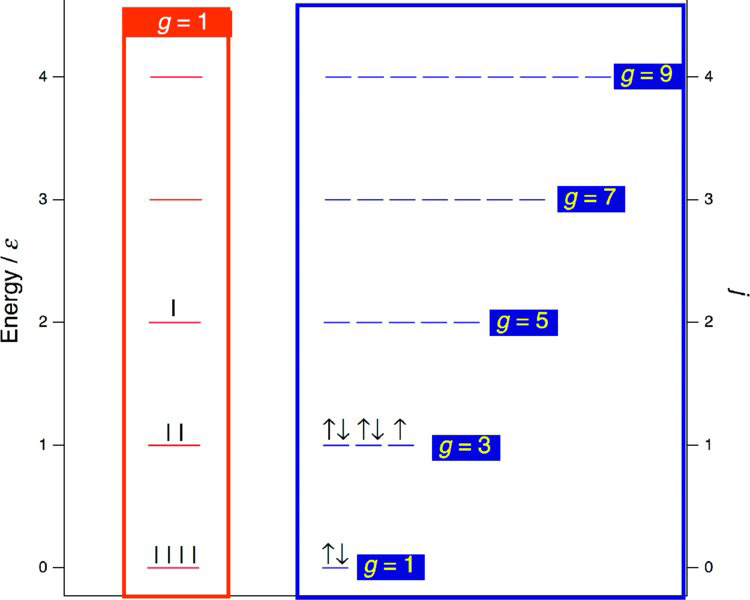 Image shows seven objects distributed in nondegenerate state where g is constant throughout the energy level and in the other g increases with energy.