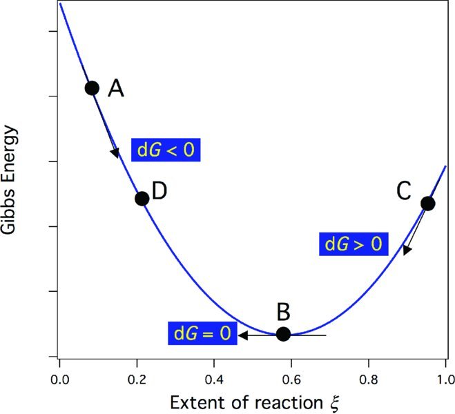 Graph of Gibbs energy versus extent of reaction shows a curve showing a negative trend from A to D at dG less than 0, D to B at dG equals 0 and then curve increases to C at dG greater than 0.