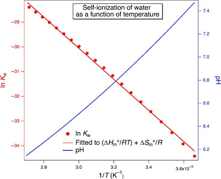 Graph of self ionization of water and its pH as a function of temperature shows that ln K sub(w) is temperature dependent and the pH values increases steadily with the increase in 1 by T.