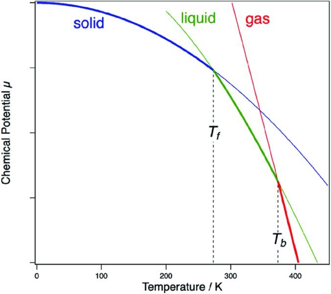 Graph of chemical potential versus temperature of solid, liquid and gas shows that solid and liquid phase is a negative trending curve whereas for gas it is a linear line and the temperature at these lines meet are T sub(f) and T sub(b).