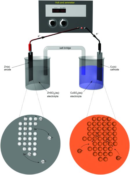Diagram shows breakers containing the electrolytes aqueous copper sulfate and aqueous zinc sulfate are linked by a salt bridge and zinc anode and copper cathode immersed in electrolytes are connected to a volt-ammeter. 
