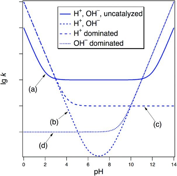Effective rate constant versus pH graph shows inverted bell curves depicting base-catalyzed pathway domination, acid-catalyzed pathway domination, uncatalyzed pathway and all factors contribution.