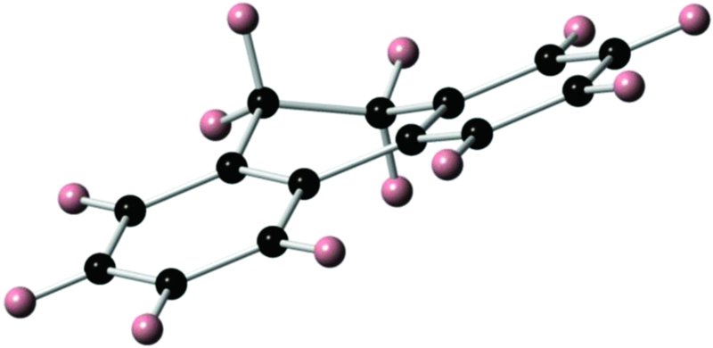 Diagram shows the structure of DHPH that includes two hexagonal rings of carbons atoms connected by two carbon atoms. Each ring contains four hydrogen atoms and each connector carbon is bonded to two hydrogen atoms.