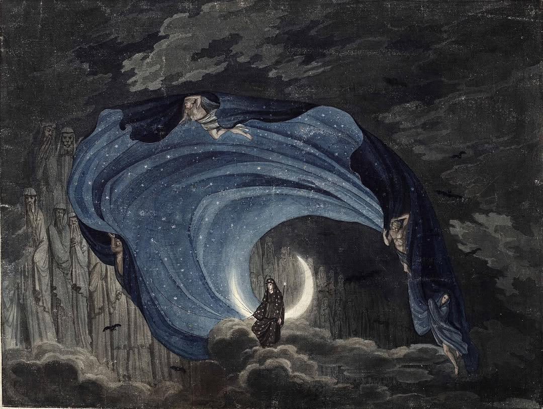A dark, atmospheric painting of the Queen of the Night from The Magic Flute, standing on clouds before a glowing crescent moon, surrounded by swirling blue, star-speckled drapery that arcs across the sky. Shadowy figures and towering forms loom in the background, while stormy clouds and deep blues and grays create a dramatic, supernatural nighttime scene.
