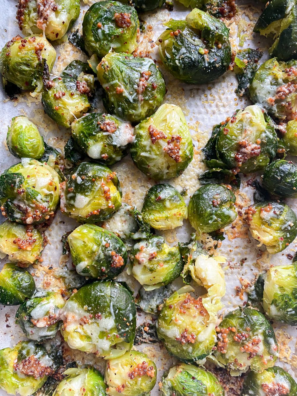 Smashed Brussels sprouts
topped with parmesan and bacon