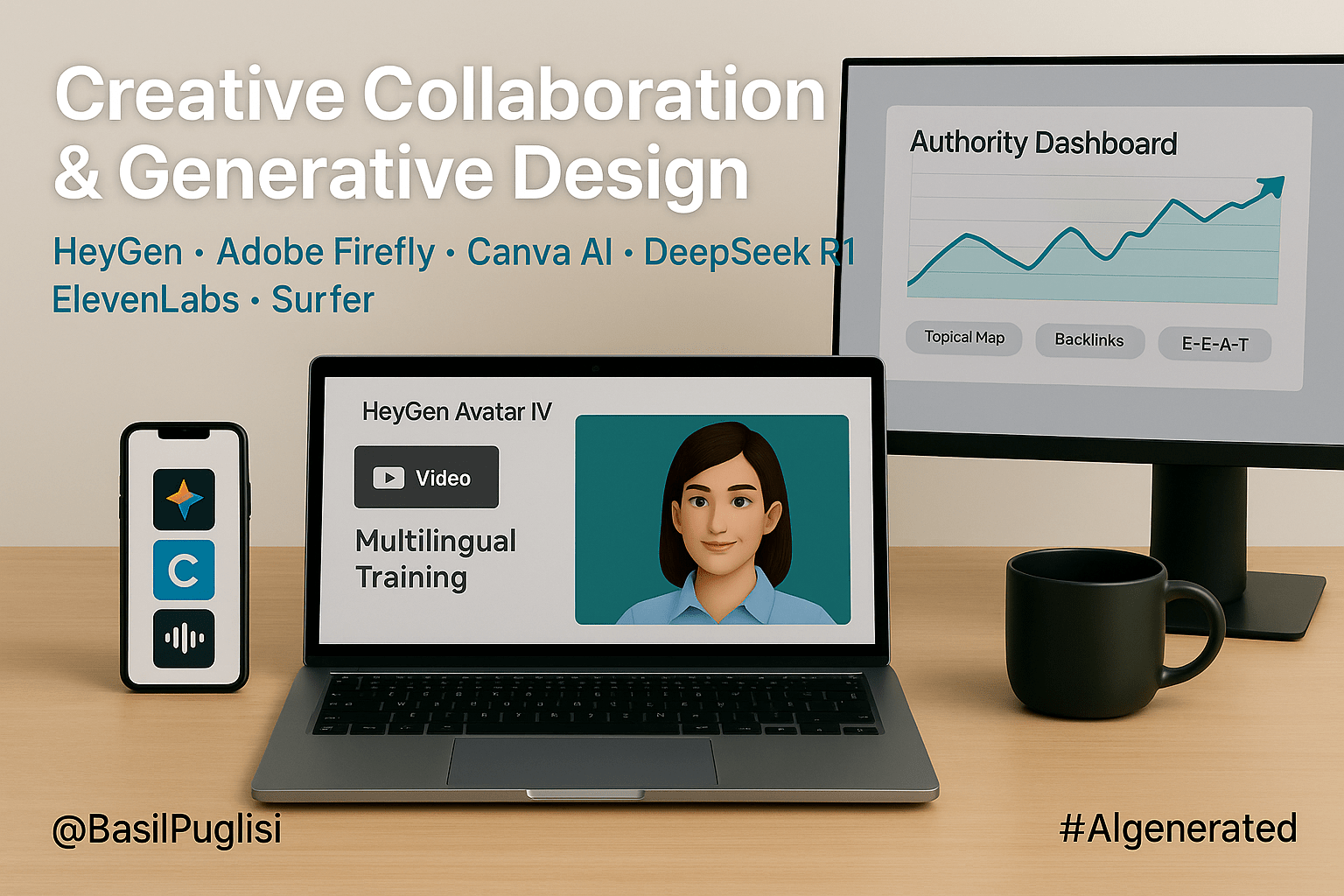 Basil Puglisi, generative design systems, HeyGen Avatar IV, Adobe Firefly, Canva AI, DeepSeek R1, ElevenLabs, Surfer SEO, AI content workflow, marketing compliance, brand safety