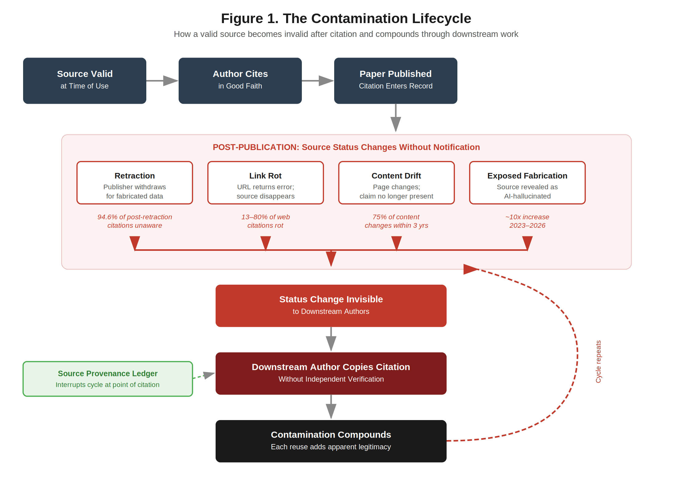 Flowchart showing how a citation enters a manuscript, propagates through downstream papers, and contaminates the record.