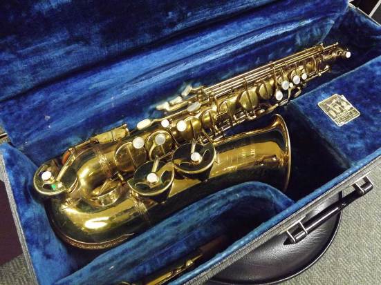 alto saxophone, sax case, DABICO, Hammerschmidt, German-made, gold, blue, 