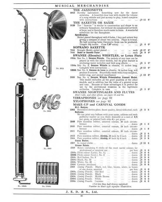 1930 Jedson & Mastertone catalogue, vintage catalogue, sax-shaped "things", Saxette, Saxie