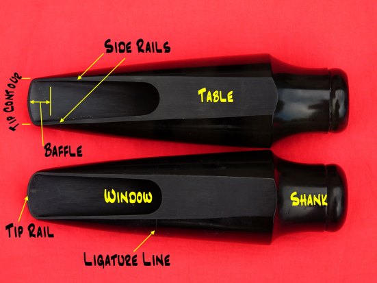 sax mouthpiece diagram, labelled parts, bass sax mouthpiece, Conn Eagle, Geo Bundy
