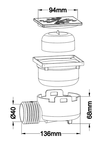 ABS floor drain 94x94mm square cover drawing