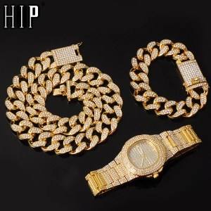 Hip Hop 20MM 3pcs Set Miami Cuban Chain Necklace +Bracelet +Watch Iced Out Paved Rhinestones CZ Rapper Necklaces For Men Jewelry