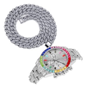 Choker Necklace Bracelet Watch Hip Hop Miami Cuban Link Chain Chork Gold Watch for Men Iced Out Watches Paved Rapper Men Jewelry