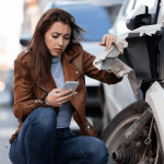 Woman examining damaged car while using phone, illustrating how contributory negligence claims can impact Alabama accident cases.
