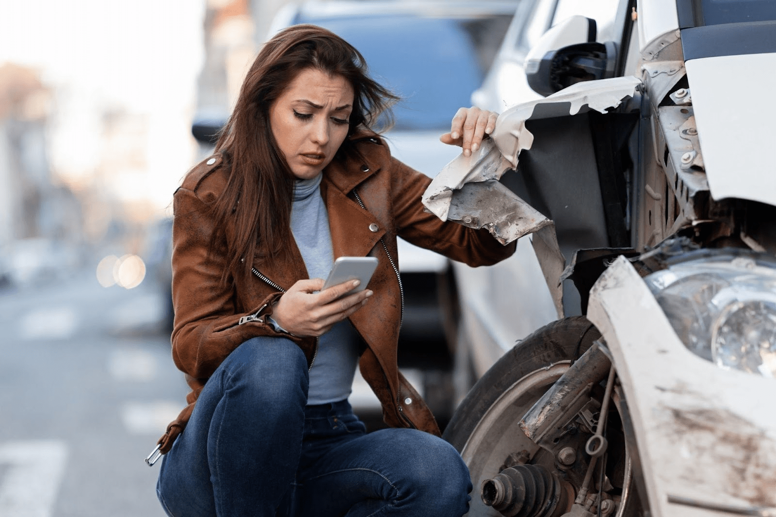 Woman examining damaged car while using phone, illustrating how contributory negligence claims can impact Alabama accident cases.
