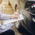Person documenting vehicle damage with clipboard for insurance claim evidence to prove fault in Alabama car accident.