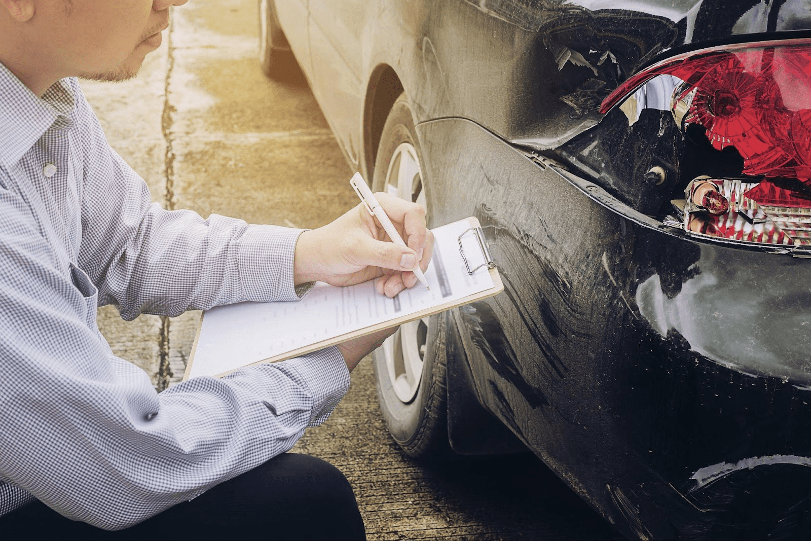 Person documenting vehicle damage with clipboard for insurance claim evidence to prove fault in Alabama car accident.