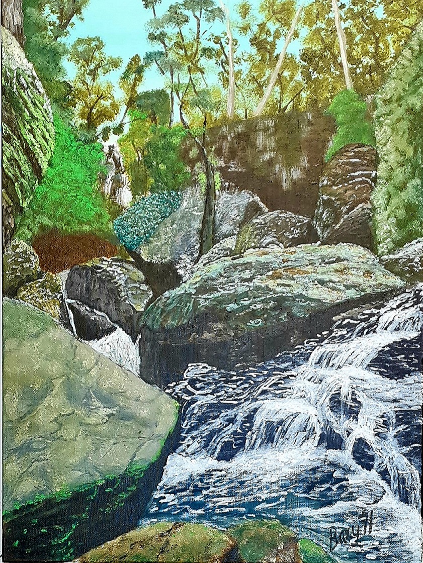 Acrylic landscape painting titled "Gorge Falls of Springbrook" by Simon LJ Baxter, featuring a cascading waterfall flowing over moss-covered rocks in a forested gorge. Sunlight filters through dense green foliage, illuminating the dynamic water and tranquil surroundings.