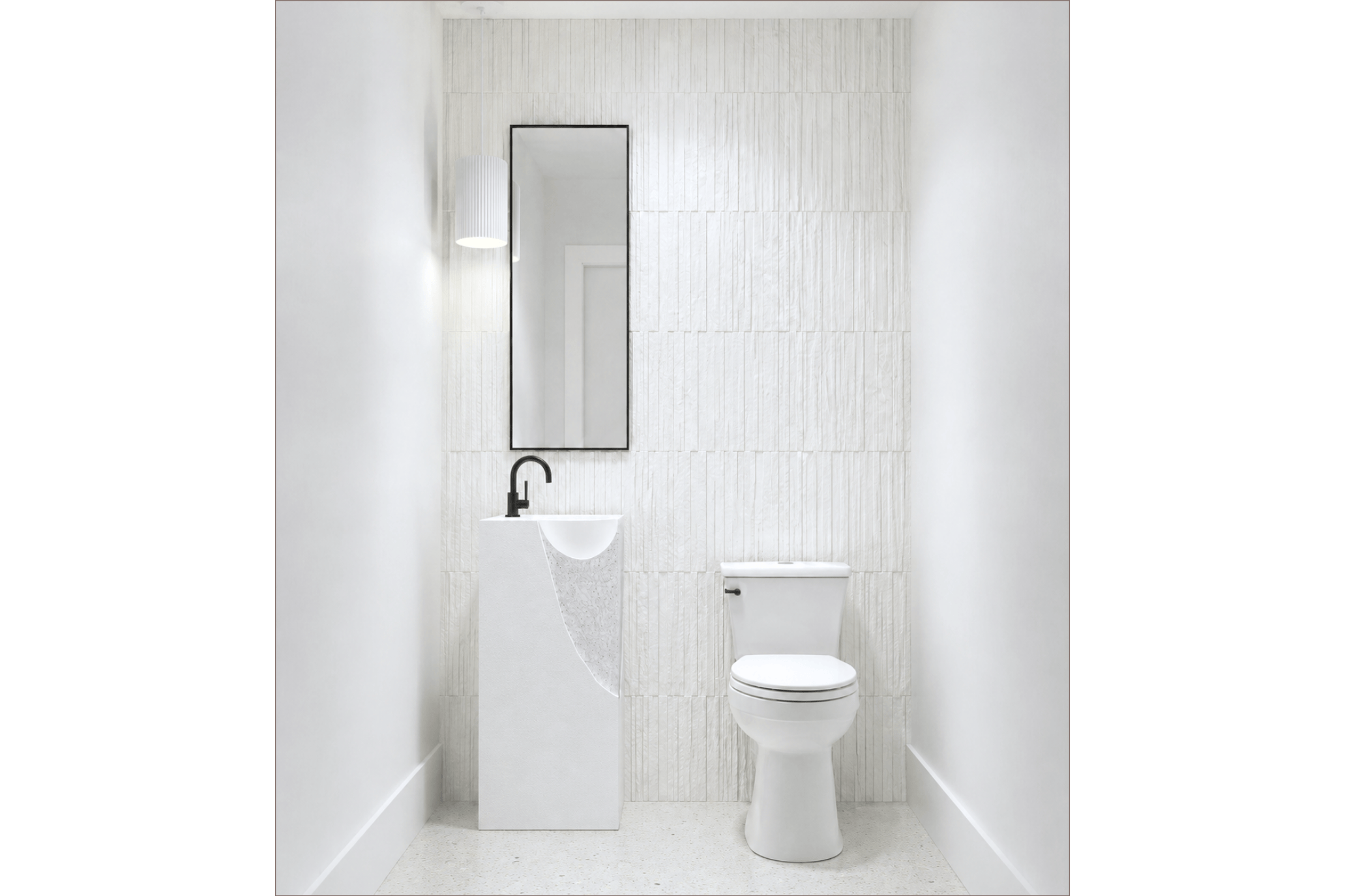 Modern coastal half bath at pool area with white stone wall tile, shellcrete flooring, and an organic-inspired freestanding sink