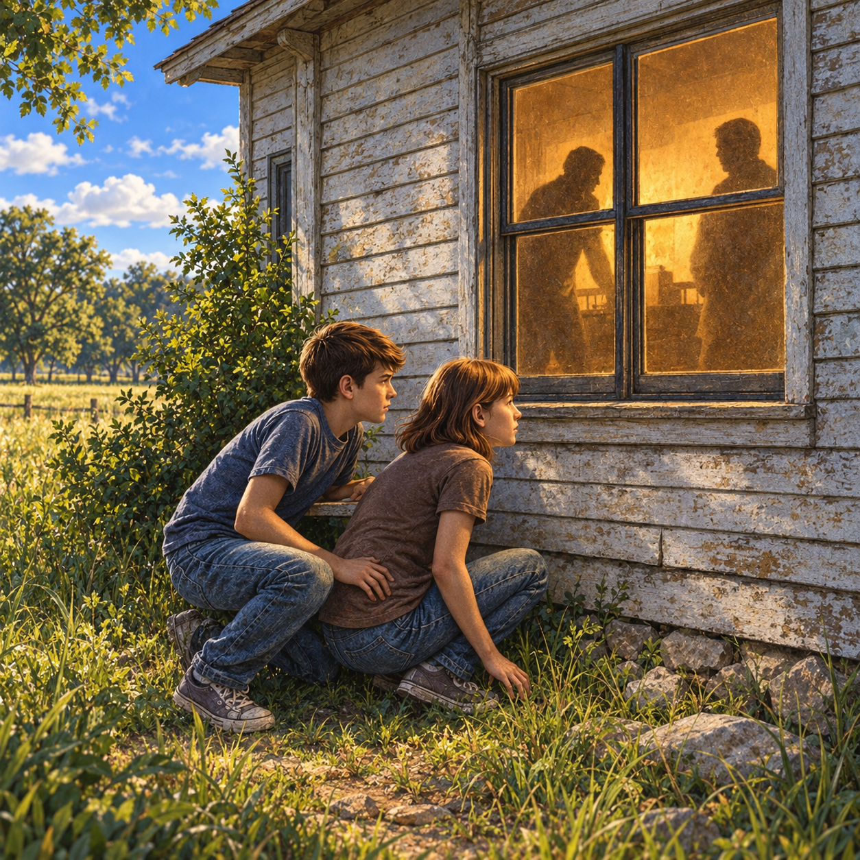 Billy and Mia are listening through a window.