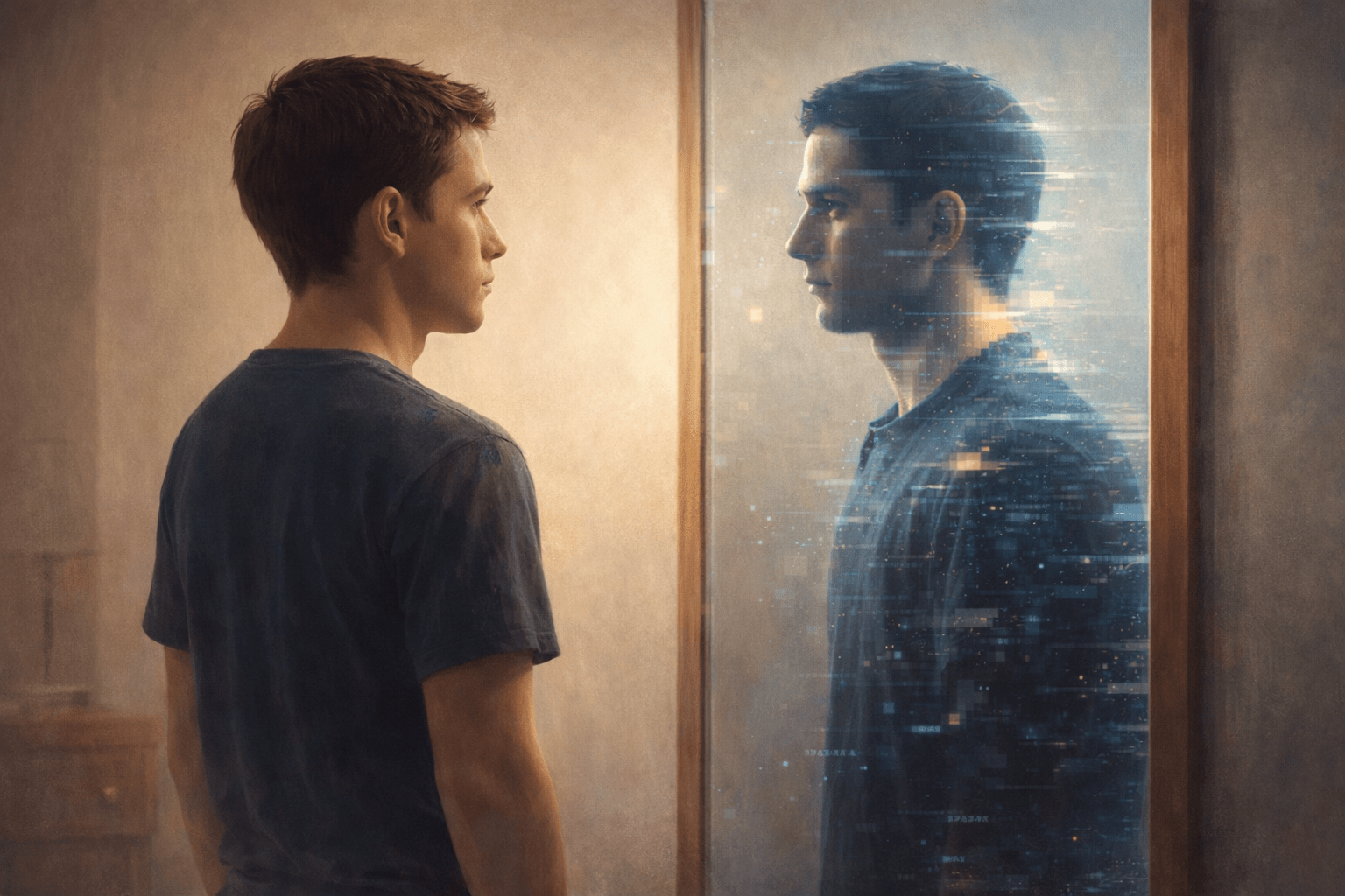TEENAGE BOY LOOKING IN MIRROR REFLECTION OF AI SELF