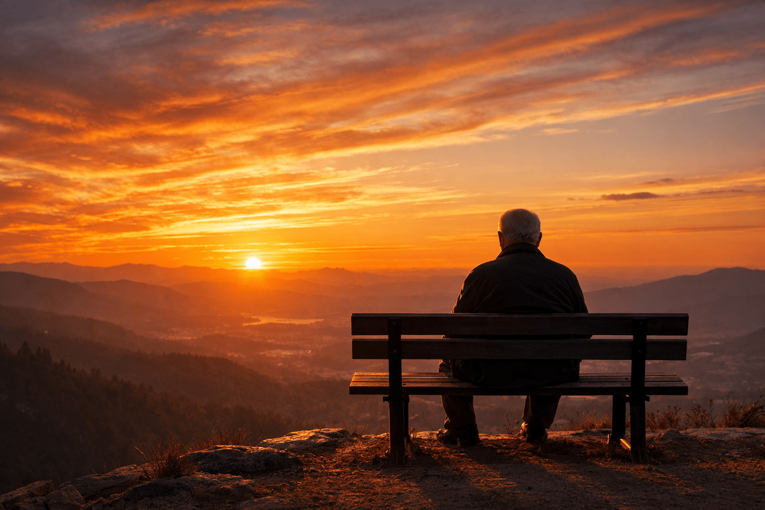 Man sitting on bench at sunset