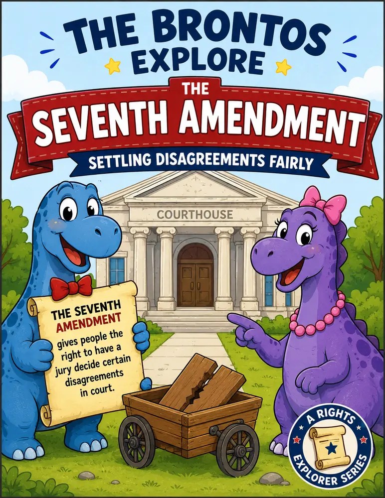 The Brontos explore the Seventh Amendment with two friendly dinosaur characters outside a courthouse