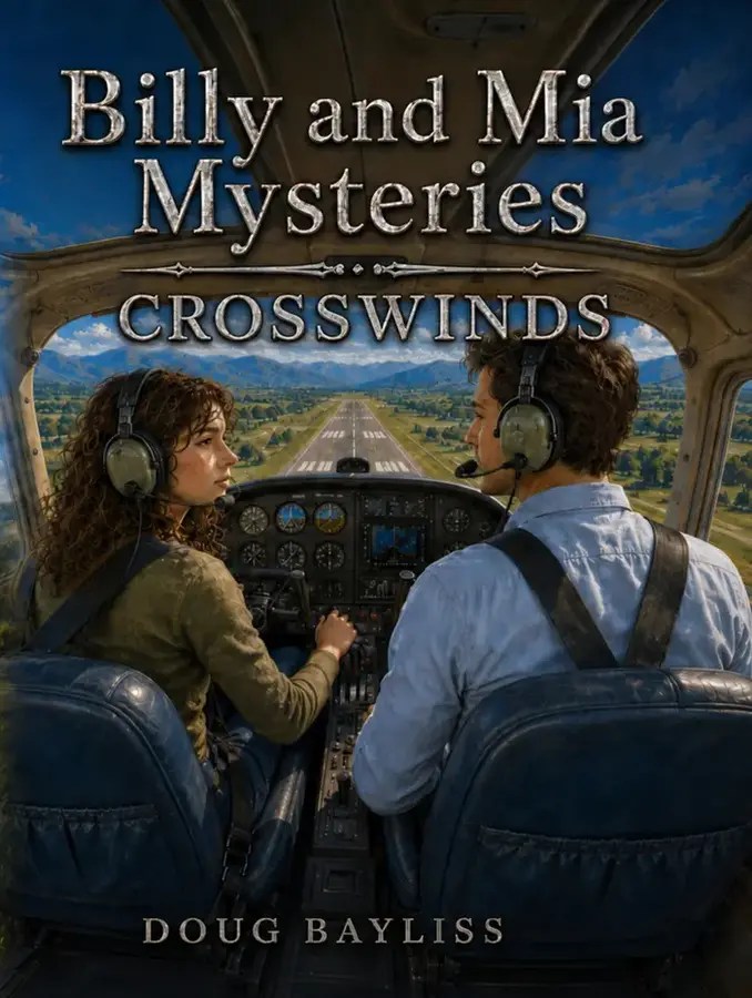 Crosswinds, a Billy and Mia Mystery, showing Billy and Mia in an airplane cockpit approaching a runway