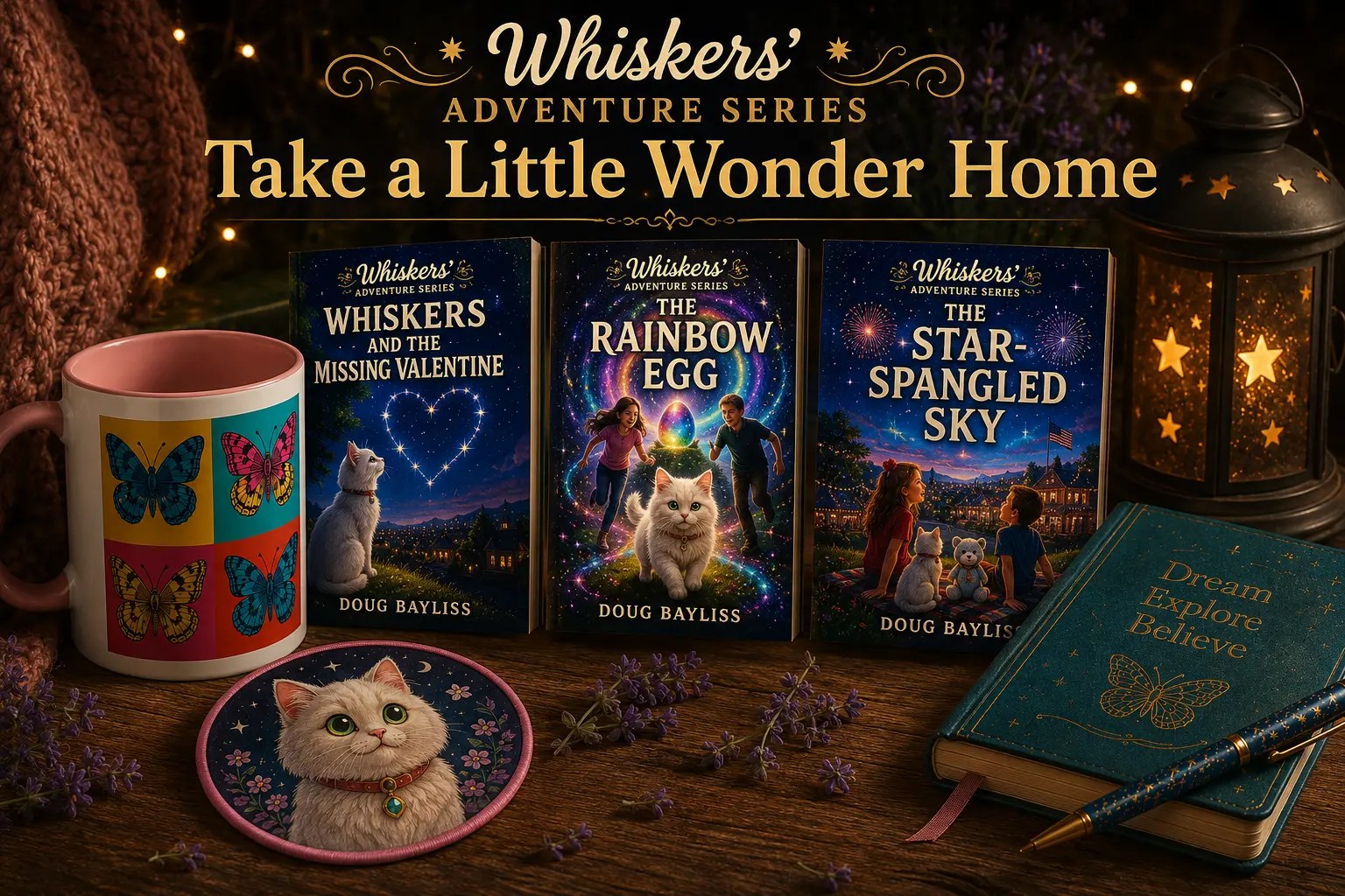 Three Whiskers Adventure books displayed with a Whiskers keepsake, butterfly mug, journal, and lantern
