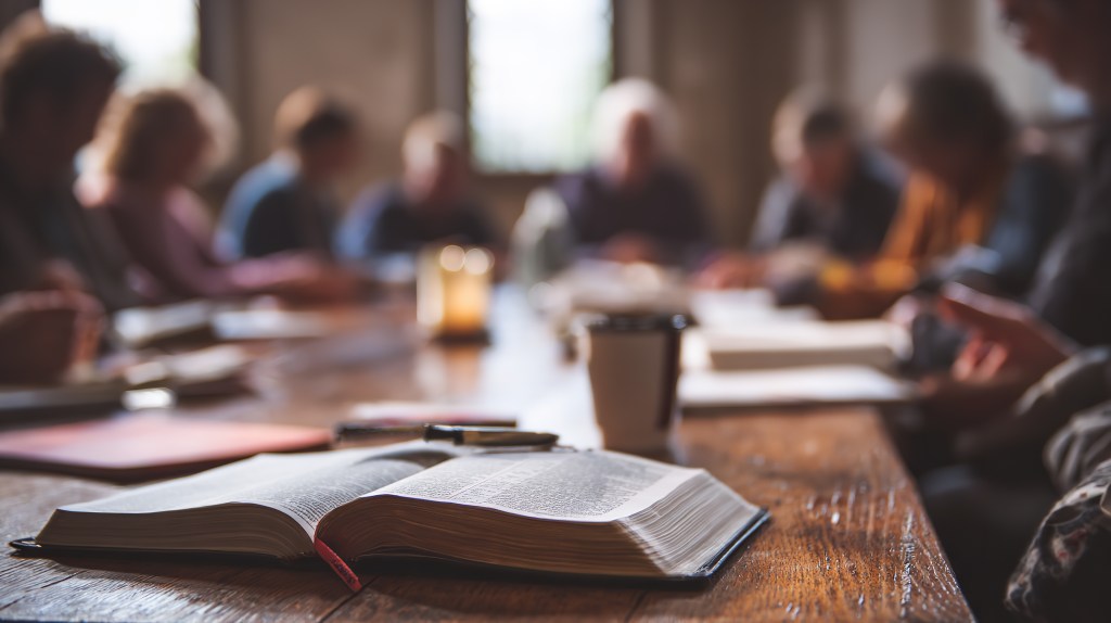Bible study group gathered around a table with an open Bible