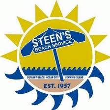 Logo of Steen's Beach Service featuring a sun with an umbrella and waves, established in 1957.