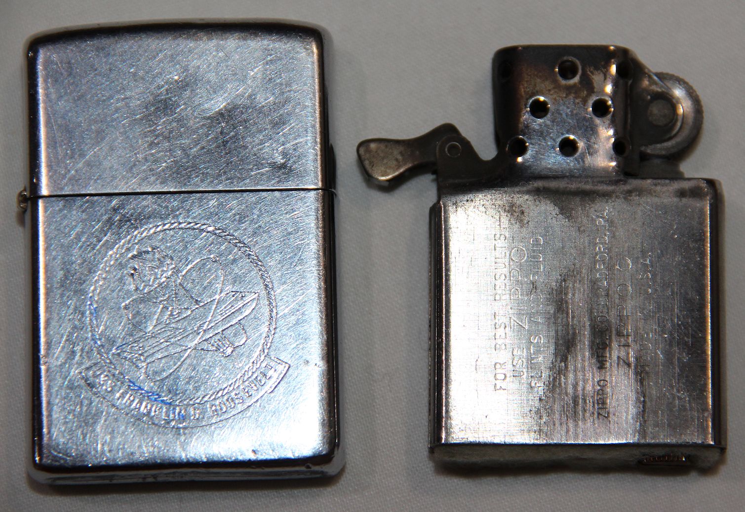 T309. 1974 DATED ZIPPO LIGHTER USS FRANKLIN D ROOSEVELT - B & B
