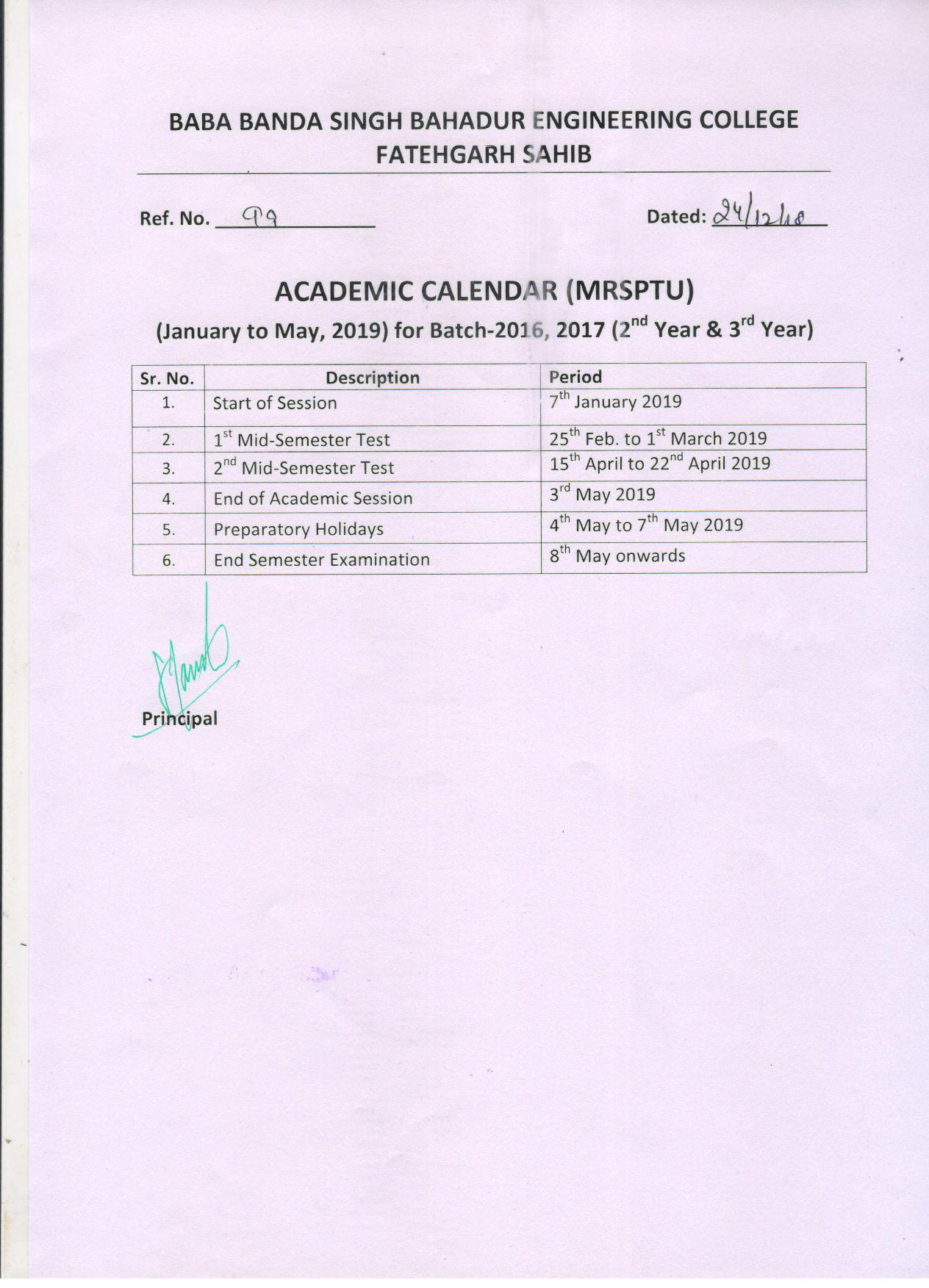 Academic Calendar Baba Banda Singh Bahadur Engineering College