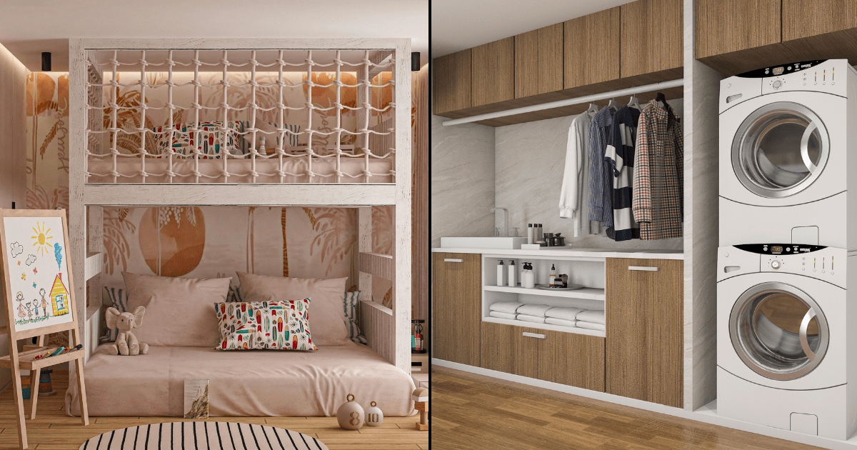 CHILDREN'S BUNK BEDS AND MODERN LAUNDRY ROOM