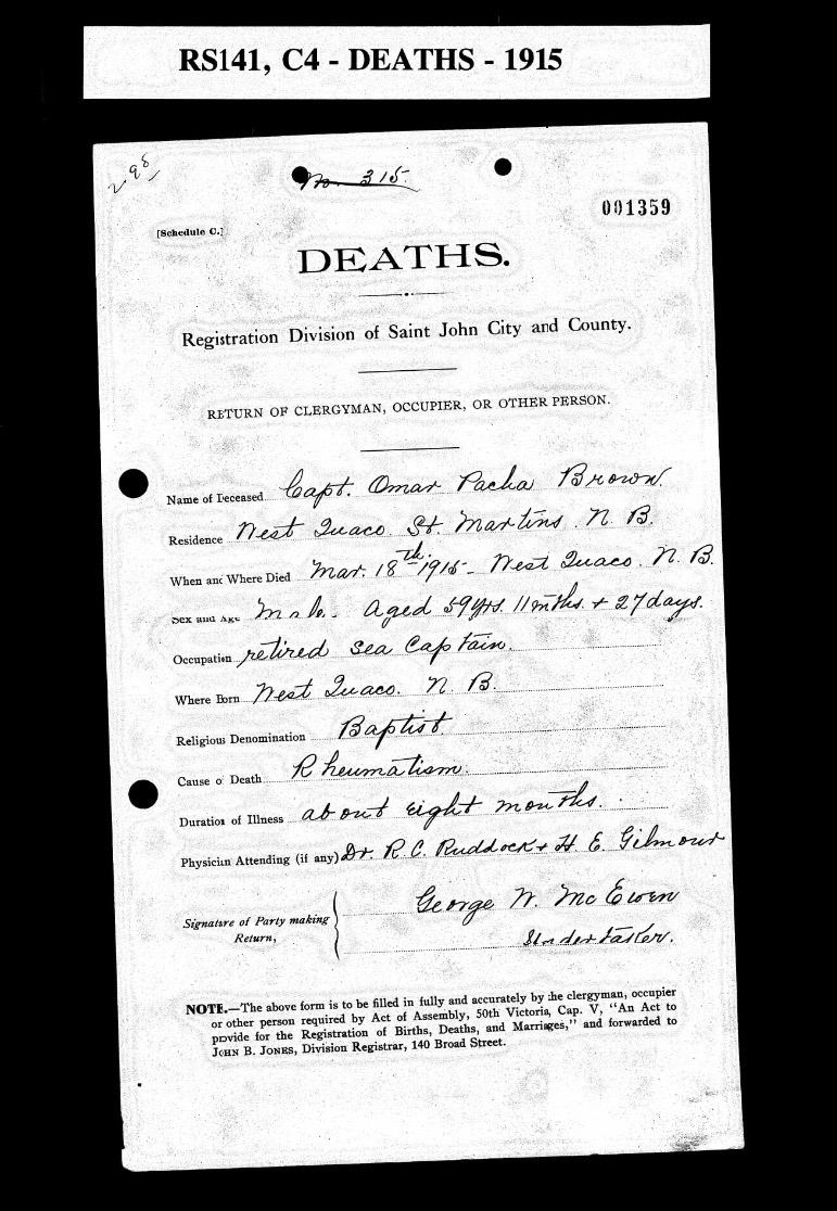 Death certificate for omar pascha brown