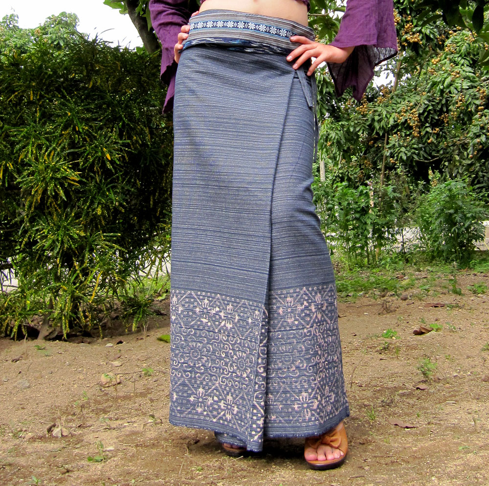 Thai Craft Warehouse - Striped Cotton Thai Tube Wrap Skirt with Printed Floral Belt - Midnight Blue