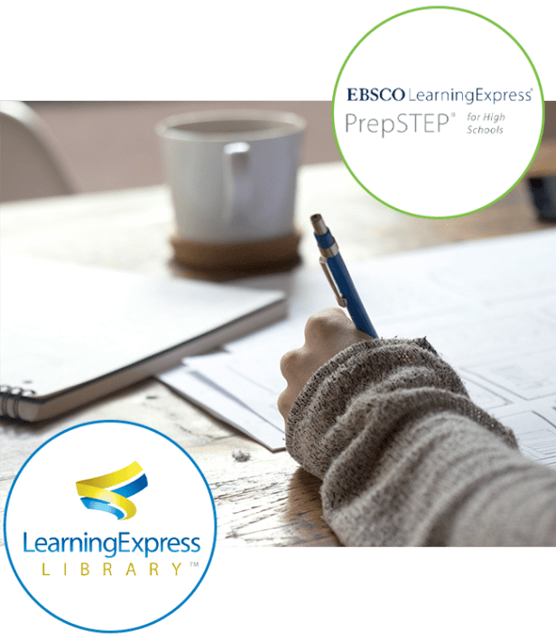 A person's hand holding a blue pen, writing on a sheet of paper, with a coffee cup in the background. Logos for EBSCO LearningExpress and LearningExpress Library are visible.