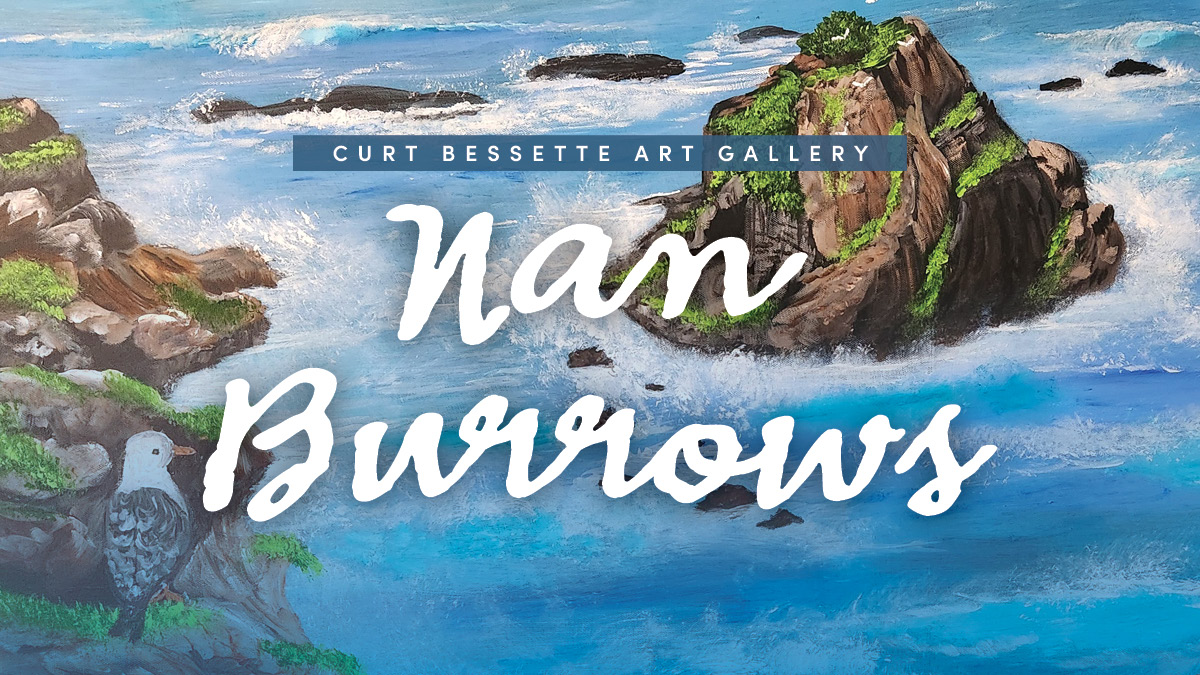 a painting of a body of water among rocks with the artist's name "Nan Burrows" written across the front.