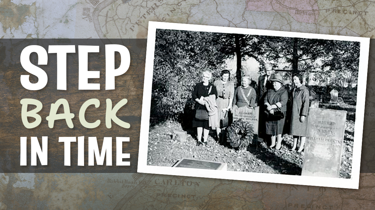 Blog header image titled "Step Back in Time" set against a vintage map background. On the left, large white stylized text reads "STEP BACK IN TIME" over a dark grey rectangular banner. On the right, a black-and-white photograph framed like a polaroid picture shows a group of six people gathered outdoors in a graveyard around a memorial wreath and headstones.