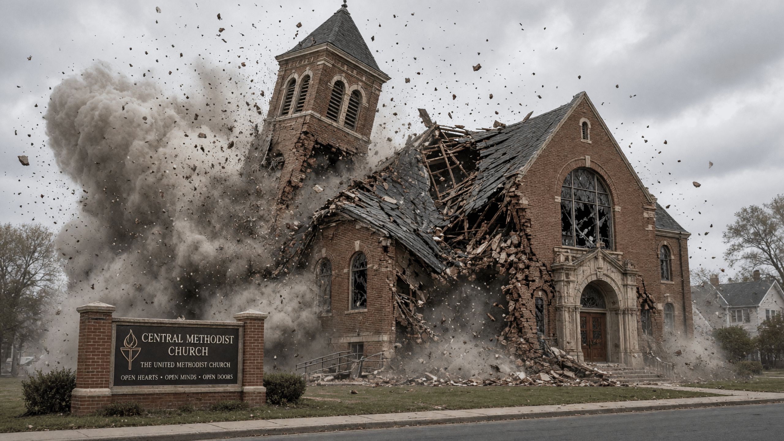 A methodist church imploding.