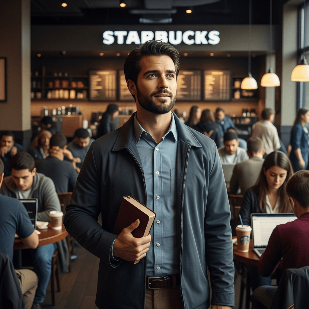 Christian with a bible in hand in the middle of a crowded Starbucks looking for someone to share God with.