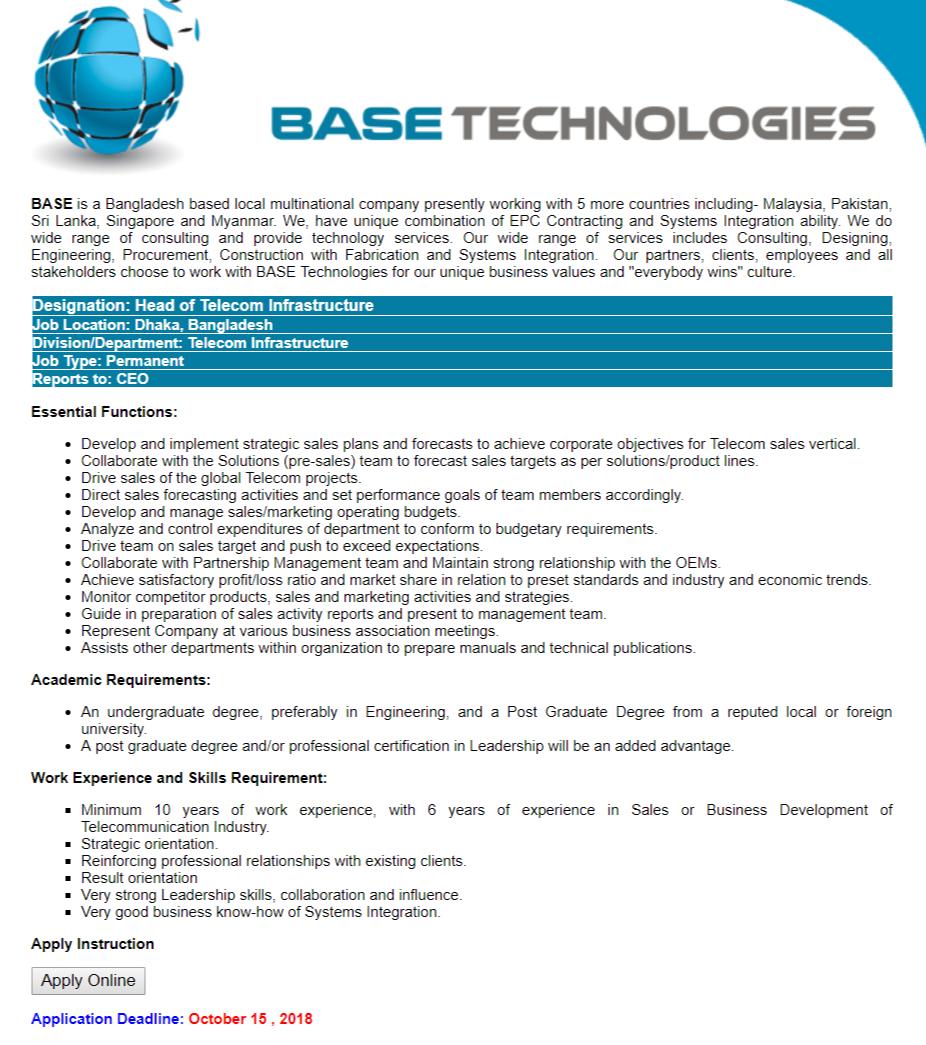 BASE Technologies Job Circular 2018 Bd Career