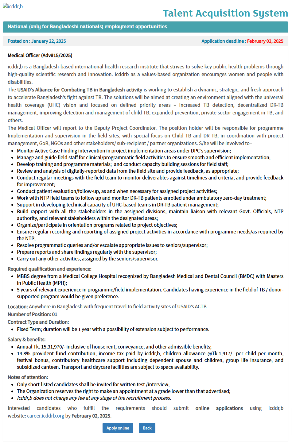 ICDDRB Job Circular 2026