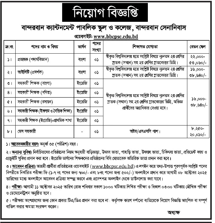 Cantonment Public School and College Job Circular 2025