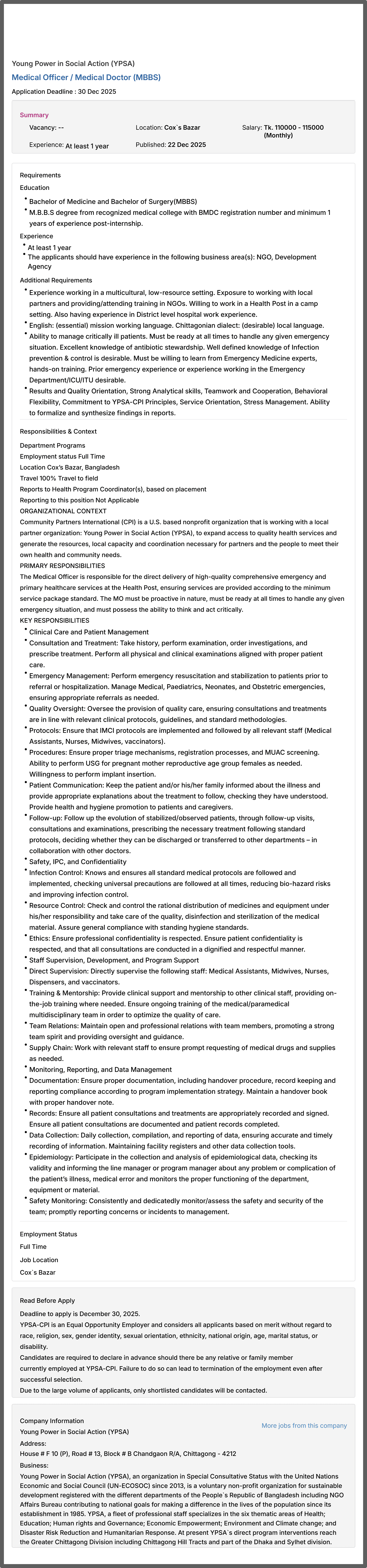 YPSA Job Circular 2026