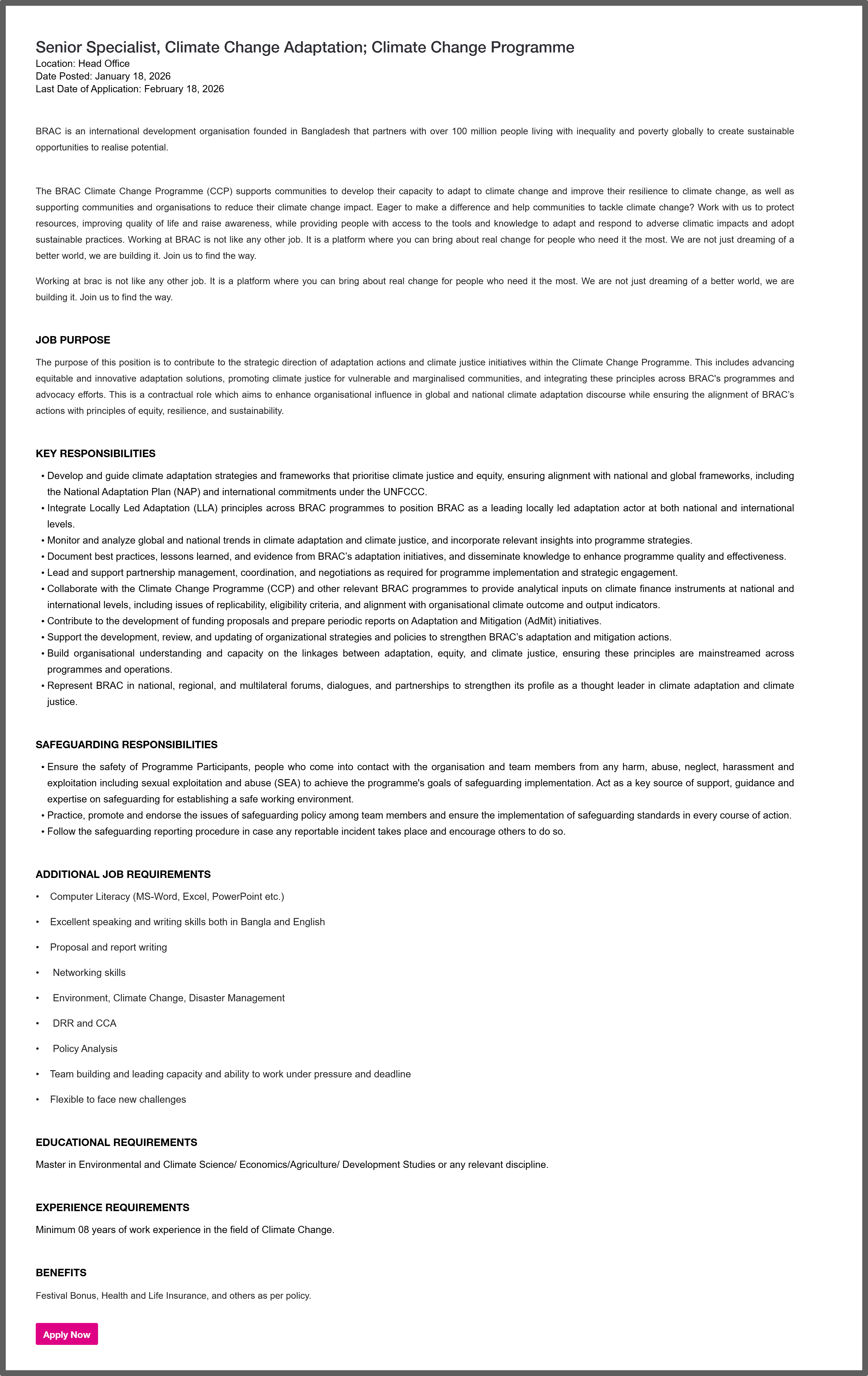 BRAC NGO Job Circular 2026