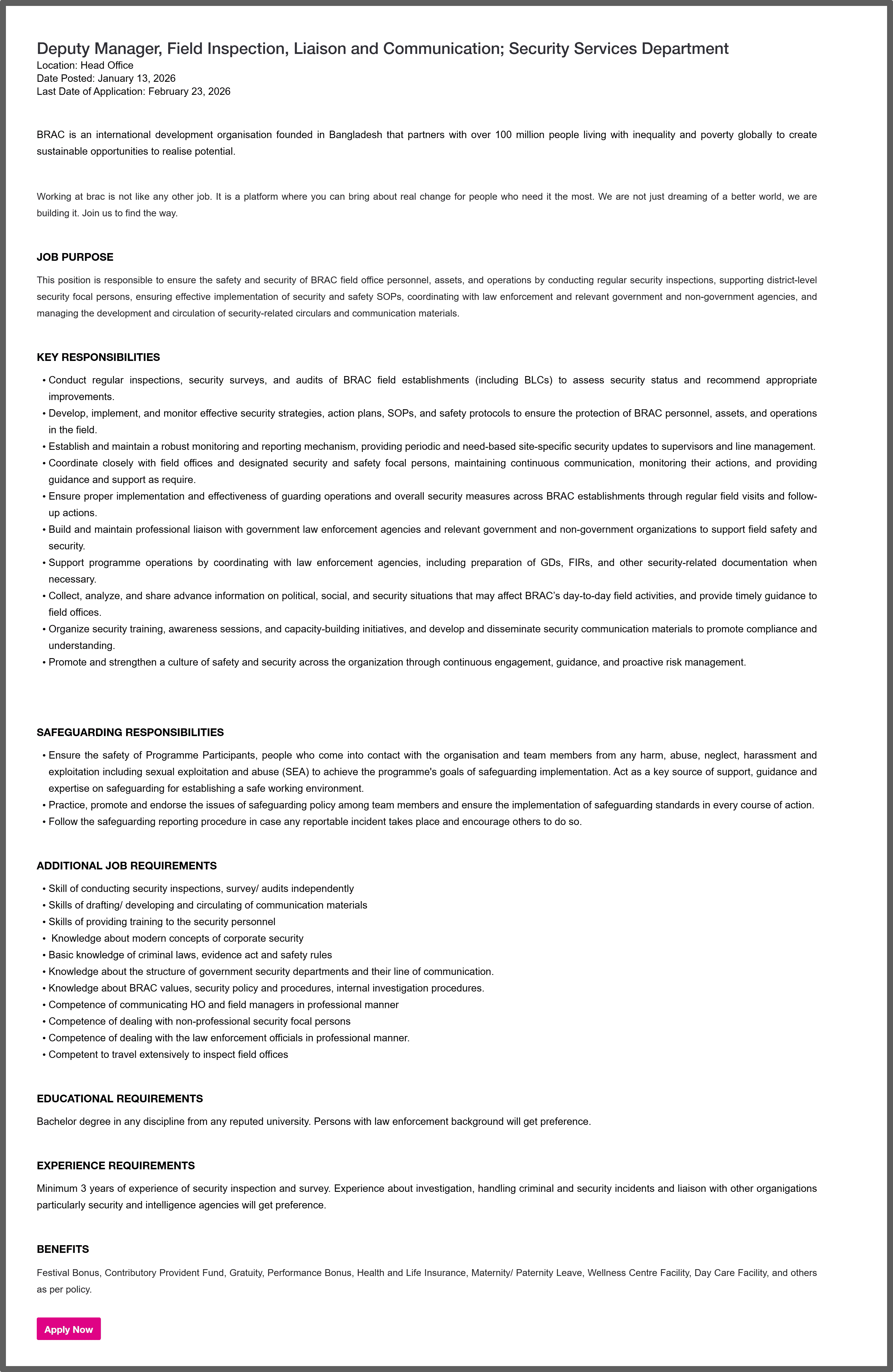 BRAC NGO Job Circular 2026